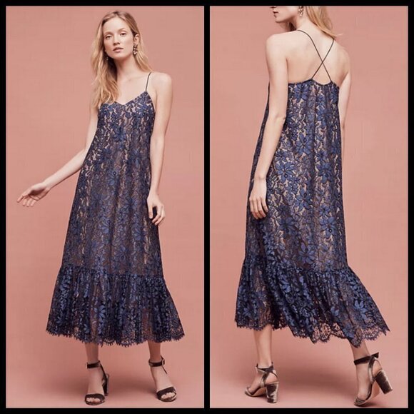 💕MOULINETTE SOEURS ANTHROPOLOGIE💕 Celestial Lace Maxi Dress Navy Blue 12 NWOT - Picture 2 of 14